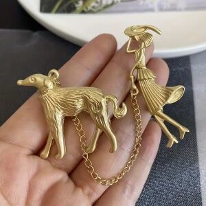 Vintage Gold Woman Walking Dog Brooch – Elegant Artistic Pin Jewelry